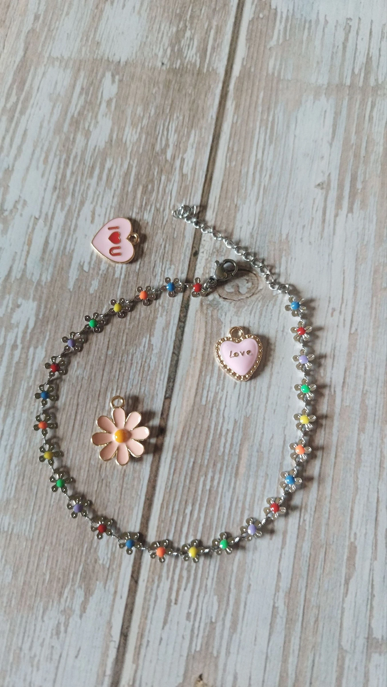 Bracelet de cheville argenté fleurs multicolores en acier inoxydable 